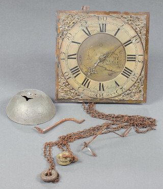 John Belling of Bodmyn, (Bodmin Cornwall) an 18th Century 30 hour longcase clock with bird cage movement, the 35cm gilt dial engraved harbour scene with silvered chapter ring, gilt metal spandrels marked John Belling of Bodmyn complete with bell (hole to bel)  