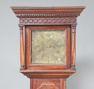 An 18th Century 8 day striking on bell longcase clock, the 28cm square brass dial engraved figures of a standing couple and marked Robert Otley 1775 and with minute indicator, contained in an oak case 204cm h x 56cm w x 22cm d, complete with pendulum and weights (no key) 