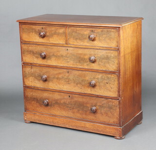 A Victorian bleached mahogany chest of 2 short and 2 long drawers with turned handles and brass escutcheons, raised on bun feet 105cm h x 111cm w x 52cm d 