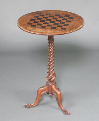 A Victorian circular inlaid walnut games table inlaid a chessboard, raised on spiral turned column 75cm h x 51cm diam. 