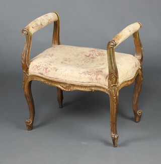 A 19th Century French gilt painted open arm dressing table stool with upholstered seat, raised on cabriole supports 60cm h x 44cm w 