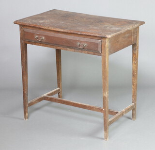 A 17th/18th Century elm side table fitted a drawer, raised on square tapered supports with H framed stretcher 76cm h x 80cm w x 50cm d 