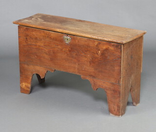 An 18th Century elm coffer formed from 6 planks with hinged lid and iron lock, raised on bracket feet 52cm h x 58cm w x 30cm d 