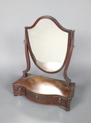 A 19th Century shield shaped plate dressing table mirror contained in a mahogany frame, raised on serpentine base fitted 3 drawers, raised on bracket feet 61cm h x 46cm w x 23cm d 