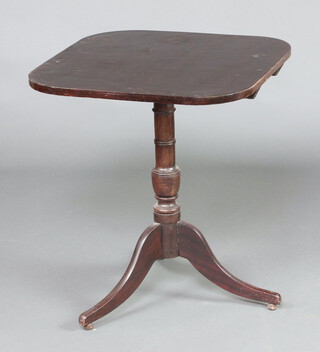 A 19th Century square mahogany snap top wine table, raised on pillar and tripod base 68cm h x 60cm w x 62cm d 