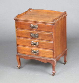 An Art Nouveau mahogany music chest with 3/4 gallery, fitted 4 long drawers, raised on cabriole supports 63cm h x 48cm w x 37cm d 