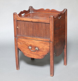 A Georgian mahogany tray top commode with 3/4 gallery above cupboard and drawer, 78cm h x 56cm w x 46cm d 