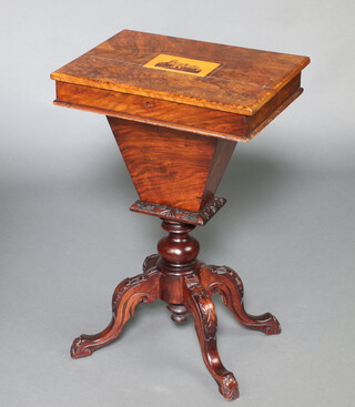 A Victorian rectangular mahogany sewing box of waisted form, the lid inlaid a Tunbridgeware panel depicting a castle, raised on pillar and tripod base 71cm h x 47cm w x 36cm d