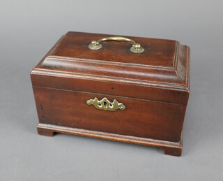 A Georgian rectangular mahogany tea caddy with hinged lid and brass escutcheon, the interior fitted an arched caddy and 2 rectangular caddies, raised on bracket feet 12cm h x 22cm w x 14cm d 