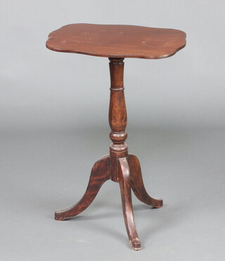 A 19th Century shaped mahogany snap top wine table raised on a pillar and tripod base 66cm h x 46cm w x 38cm d 