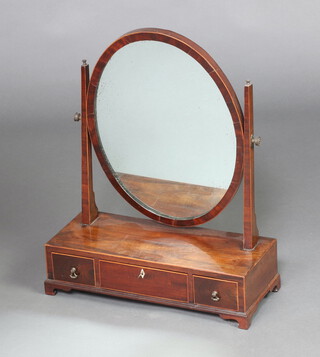 A 19th Century oval plate dressing table mirror contained in a mahogany frame on a rectangular base fitted 3 drawers, raised on bracket feet 58cm h x 45cm w x 19cm d 