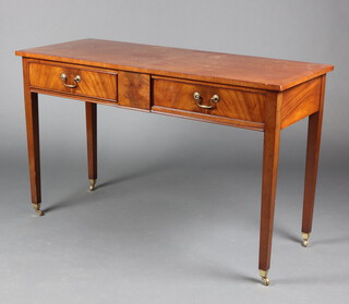 A Georgian style crossbanded mahogany side table fitted 2 drawers, raised on square tapered supports 75cm h x 122cm w x 49cm d 