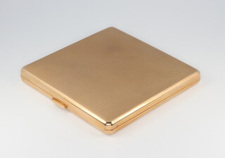 A 9ct yellow gold engine turned square cigarette case, gross 93.4 grams, Birmingham 1929 