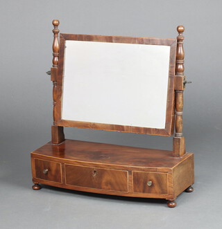 A 19th Century rectangular plate dressing table mirror contained in a mahogany frame, raised on bow front base fitted 3 drawers, raised on bun supports 50cm h x 47cm w x 19cm d 