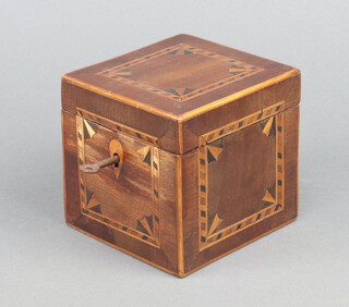 A 19th Century square inlaid mahogany tea caddy with hinged lid 11cm x 11cm x 11.5cm 