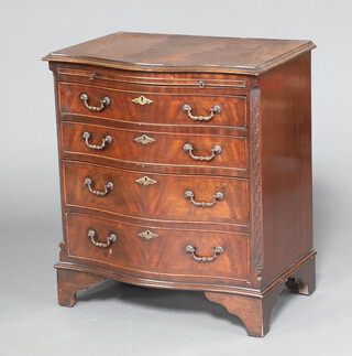 A Georgian style quarter veneered mahogany chest of serpentine outline fitted a brushing slide above 4 long drawers with gilt swan neck drop handles with canted corners, raised on bracket feet 80cm h x 70cm w x 48cm d 