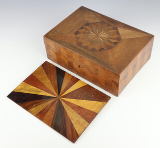 David Walker, a 19th Century rectangular inlaid specimen wood box with hinged lid, the interior fitted a rectangular tray marked Made At The Industrial School Bonnygate Parrish of St Marys, made by David Walker Jamaica 10cm h x 28cm w x 20cm d 