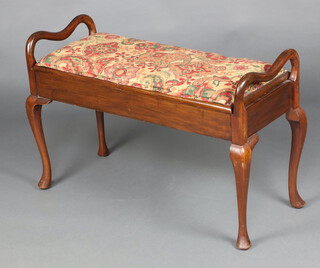 An Edwardian rectangular mahogany box seat duet stool with hinged lid, raised on cabriole supports 62cm h x 63cm w x 40cm d 