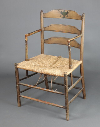 A 19th Century painted elm ladder back chair decorated a lidded urn and with woven rush seat, raised on turned supports 92cm h x 59cm w x 43cm d 