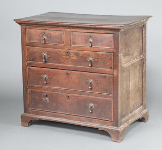 A 17th/18th Century oak chest of 2 short and 3 long drawers with iron locks and replacement drop handles, raised on bracket feet 92cm h x 99cm w x 59cm d 