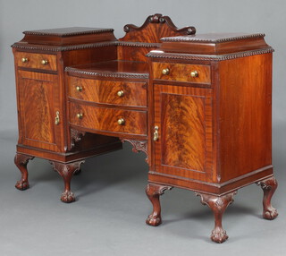 An Edwardian style mahogany bow front, drop pedestal, sideboard with raised back, the centre fitted 2 drawers flanked by cupboards with drawers above cupboard, having replacement brass handles, raised on cabriole supports 125cm h x 184cm w x 57cm d 