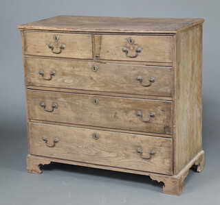 A Georgian bleached oak chest of 2 short and 3 long drawers with replacement brass drop handles, raised on bracket feet 99cm h x 105cm w x 52cm d 