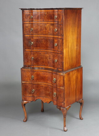 A Queen Anne style quarter veneered walnut concave shaped chest on chest with moulded cornice, the upper section fitted 4 drawers, the base 2 long drawers, raised on cabriole supports 155cm h x 70cm w x 48cm d 