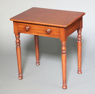 A Victorian rectangular mahogany side table fitted a frieze drawer, raised on turned supports 66cm h x 61cm w x 47cm d 