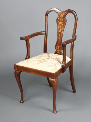 An Edwardian inlaid mahogany open armchair with pierced vase shaped slat back and upholstered seat, on cabriole supports 97cm h x 57cm w x 50cm d 