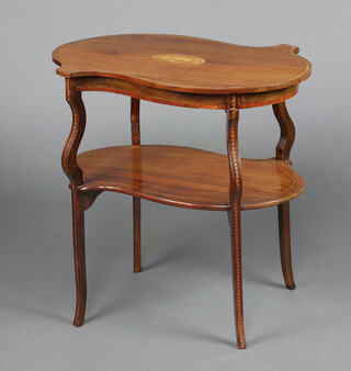 An Edwardian shaped inlaid mahogany 2 tier occasional table raised on cabriole supports 70cm h x 68cm w x 39cm d 