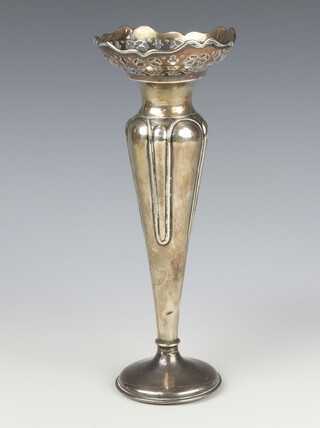 A silver pierced and repousse tapered spill vase, Birmingham 1947, gross weight 269 grams, 26cm  