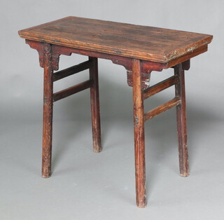 A 18th Century Chinese Qing Dynasty rectangular hardwood altar/wine table with recessed leg, raised on turned supports 82cm h x 93cm w x 45cm d 