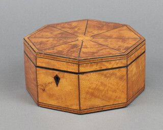 A Sheraton style octagonal inlaid mahogany and crossbanded trinket box with ebonised stringing and hinged lid 8.5cm h x 17cm w x 17cm d 