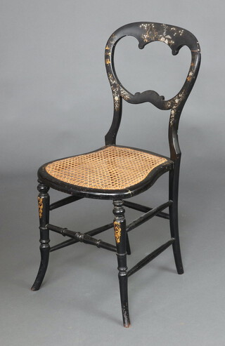 A Victorian black lacquered and inlaid mother of pearl balloon back bedroom chair with shaped mid rail and woven cane seat, raised on turned supports 80cm h x 37cm w x 36cm d 