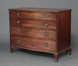 A Georgian mahogany chest of serpentine outline fitted 4 graduated drawers with brass ring drop handles, raised on bracket feet 88cm h x 111cm h x 57cm d 