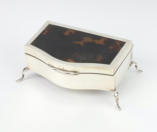 A silver and tortoiseshell serpentine silver trinket box on scroll feet Birmingham 1922 12cm 