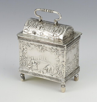 A Continental repousse silver dome topped chest on turned feet decorated with figures in extensive landscapes import marks London 1890 136 grams, 6.5cm  