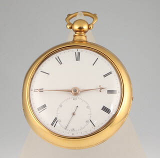 A 19th Century gold plated pair cased pocket watch with white enamelled dial and seconds at 6 o'clock, the movement engraved Robert Swan no.21 London, finely engraved with masks and scrolls and set with a mine cut diamond, the cover engraved Robert Swan London no.21, the case stamped GS, the movement contained in a 50mm case, the outer case 58mm, complete with key   