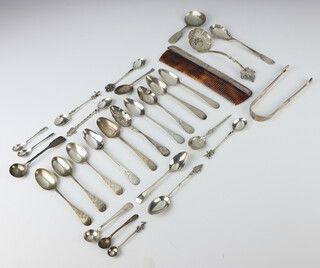 A Georgian style silver plated caddy spoon and minor silver spoons etc, weighable silver 236 grams 