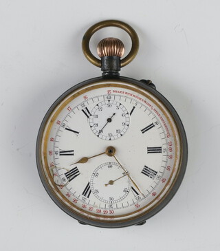 A gun metal mechanical chronograph pocket watch with 2 subsidiary dials, with 'Miles Per Hour From 1/4 Mile Distances' outer ring  contained in a 50mm case numbered 40831 