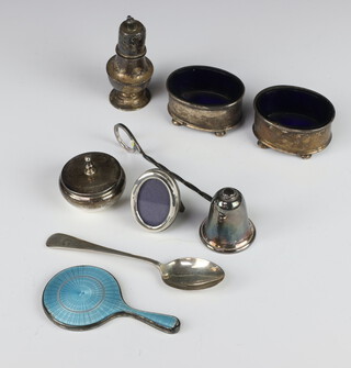 A Sterling silver candle snuffer Birmingham 2000, a lidded trinket box and minor items 