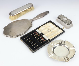 Six silver and enamel cocktail sticks in the form of cockerels Birmingham 1954, a mounted hair tidy, hand mirror, ashtray and hair brush  