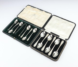 Six bright cut silver teaspoons and sugar nips Sheffield 1932 and 1 other cased set of 6 silver teaspoons Sheffield 1931, 136 grams 