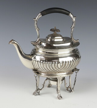 An Edwardian silver plated demi-fluted tea kettle on stand with burner 