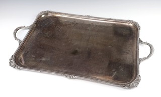 An Edwardian silver plated rectangular 2 handled tray with shell decoration 72cm 