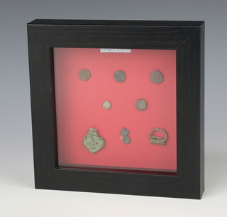 Five Anglo Saxon coins and 3 bronze artefacts, framed 