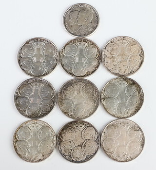 Nine 1963 30 drachma coins and 1 other, 174 grams 