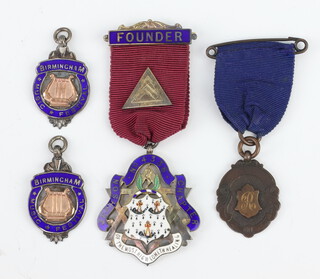 A silver Masonic Founders jewel to Lodge 4336, 2 silver fobs and a bronze medallion 