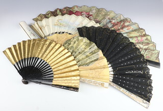 A 19th Century French painted fan decorated with figures of ladies and a rural view, the mother of pearl sticks with gilt decoration (4 sticks are broken) and 4 later fans 