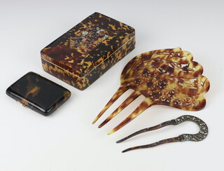 An early Victorian mother of pearl inlaid tortoiseshell sewing box with 5 (ex 6) implements, ditto cigarette box and 2 hair pins 